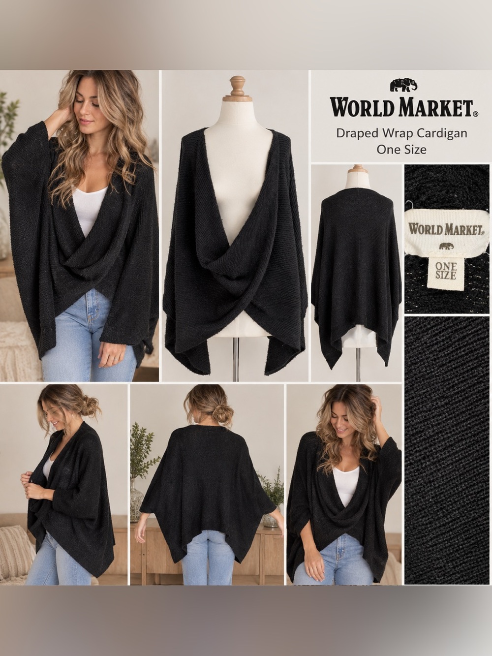 Cost Plus World Market Black Draped Open-Front Cardigan